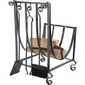 Photo GCH160S : Wrought iron log holder with 3 fireplace tools