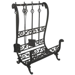 Photo GCH174S : Cast iron log holder with 4 fireplace tools