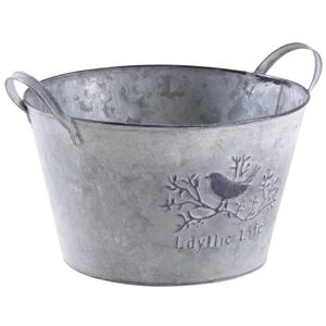 Photo GCO3560 : Round patinated metal basket with bird design
