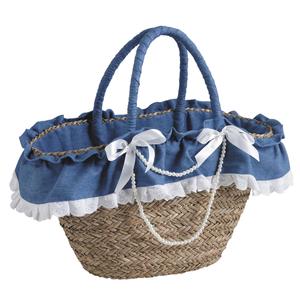 Photo SFA2360C : Sac en jonc bleu avec dentelle et perles