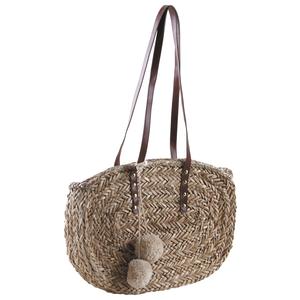 Photo SFA2960C : Oval seagrass handbag with 2 pompoms