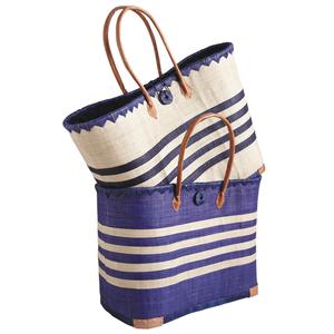 Photo SMA3710C : Blue raffia matting striped bag