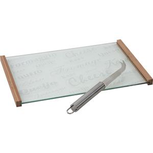 Photo TPF1590V : Glass and bamboo cheese tray with cheese knife