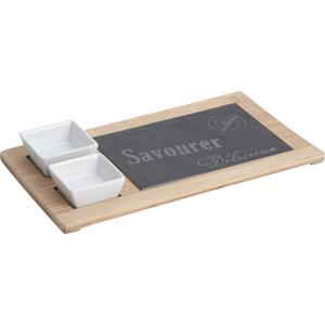 Photo TPL2610V : Bamboo and slate tray with 2 ceramic dishes