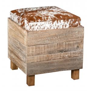 Photo KMA2120 : Coffre pouf carré en bois recyclé et peau de vache