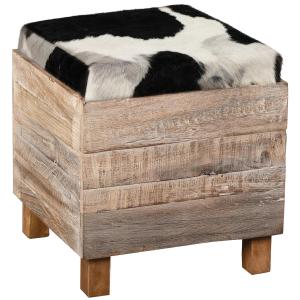 Photo KMA2210 : Coffre/ pouf carré en bois recyclé et peau de vache