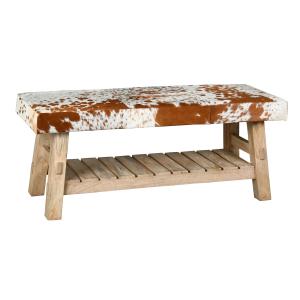 Photo MBC1490 : Banc avec étagère en bois recyclé et peau de vache 