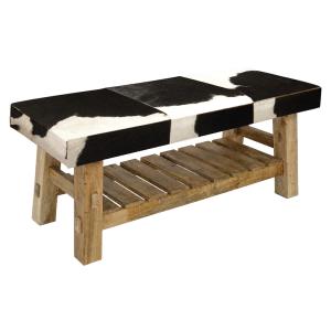 Photo MBC1690 : Bench with a shelf made of recycled wood and cowhide