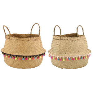 Photo SFA3290 : Panier boule en jonc naturel et coton Pompons