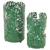 Photo DBO308SV : Glass candle holders with green metal leaves design