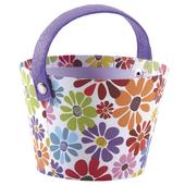 Photo PAM4670 : Round cardboard basket with flower design and purple felt handle