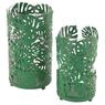 Glass candle holders with green metal leaves design