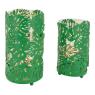 Glass candle holders with green metal leaves design