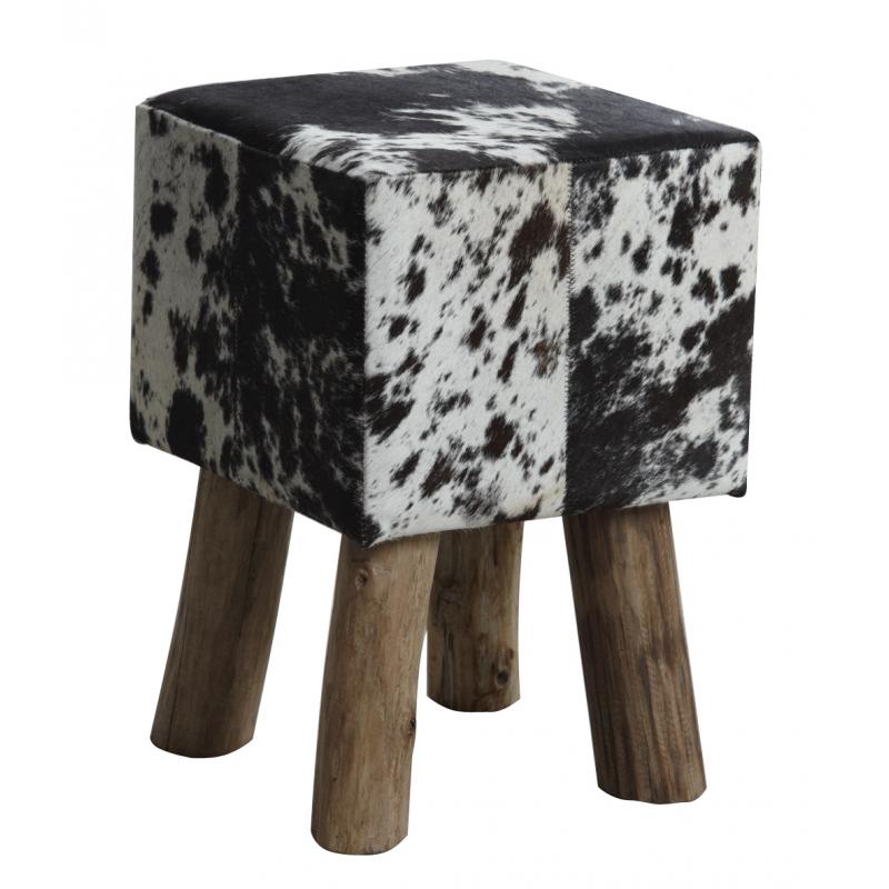 Tabouret Carré En Peau De Vache Véritable - Bois Rustique, Dimensions 30x30x45cm - Style Chalet Moderne
